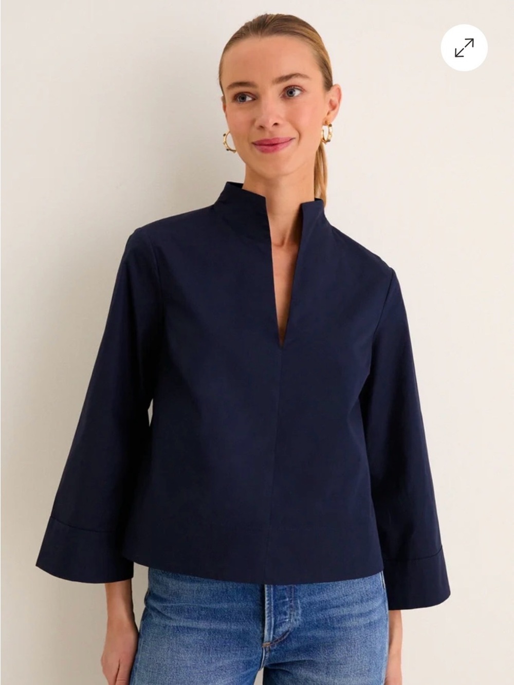 Tuckernuck Navy Split-Neck Long-Sleeve Blouse - Large